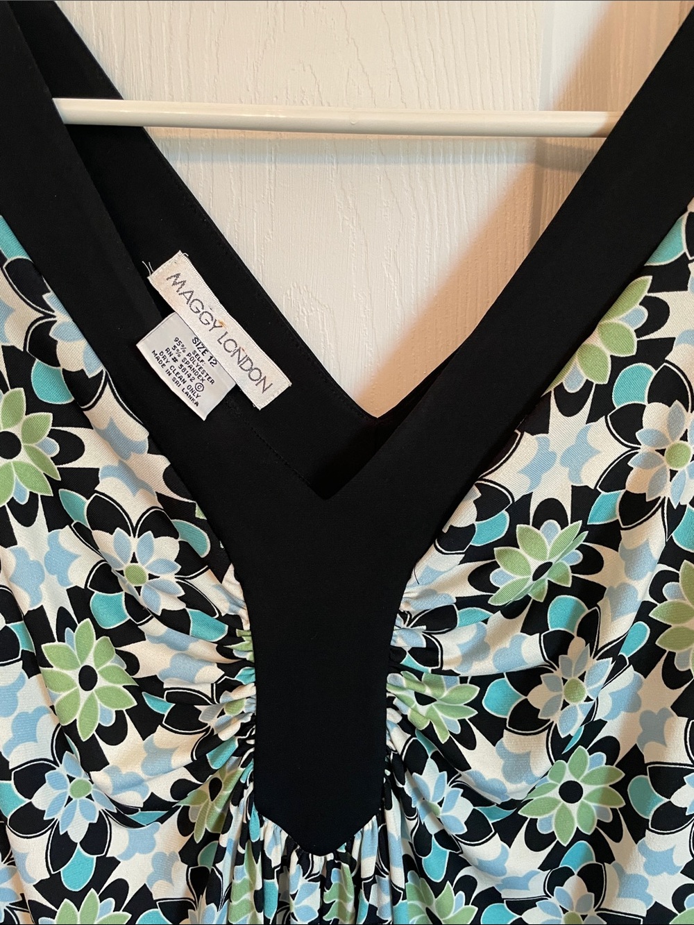 Maggy London Black Floral V-Neck Dress with Aqua & Green Accents